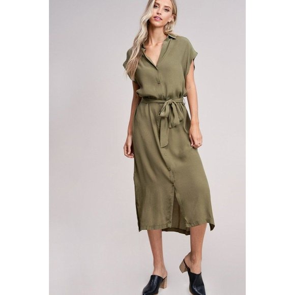 No Rest for Briget Arrays Shirt Dress M Olive Green Midi Sleeveless Belt Buttons - Picture 3 of 16